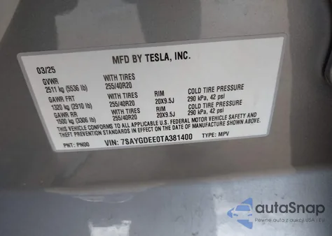 2026 Tesla Model Y z USA, uszkodzony, nr VIN 7SAYGDEE0TA381400
